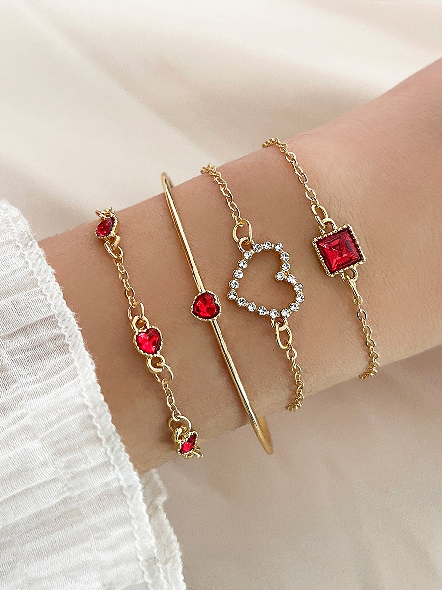 Set of 4 - Rhinestones Heart Decor Bracelet