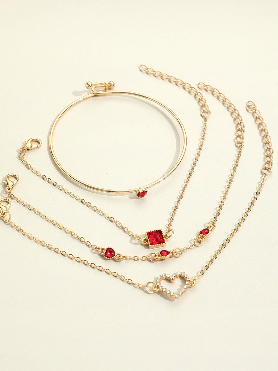 Set of 4 - Rhinestones Heart Decor Bracelet