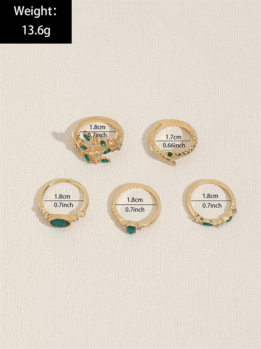 Set of 5 - Gold Tone Rings with Green Accent