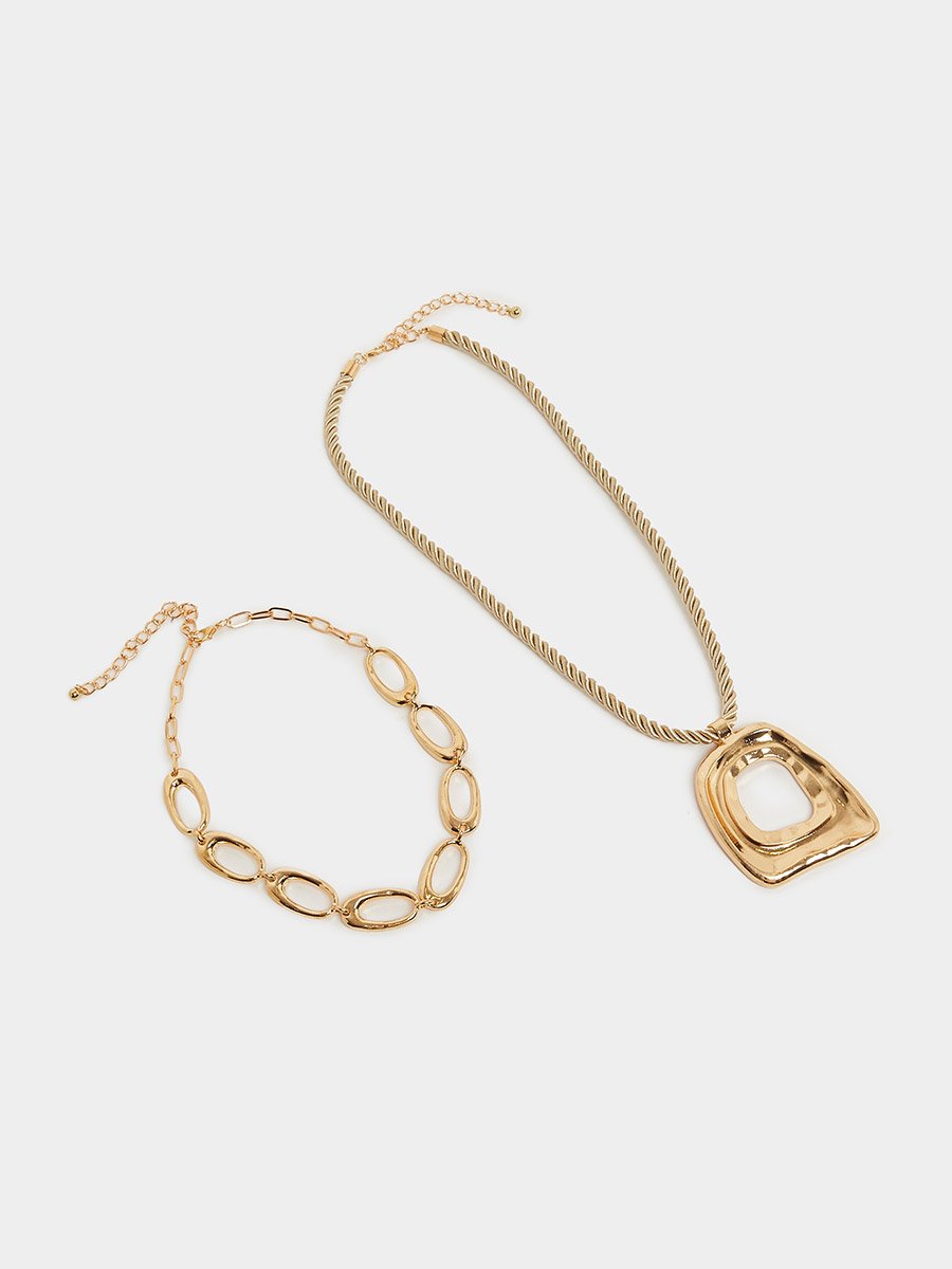 Set of 2 - Geo Pendant Chain Necklace