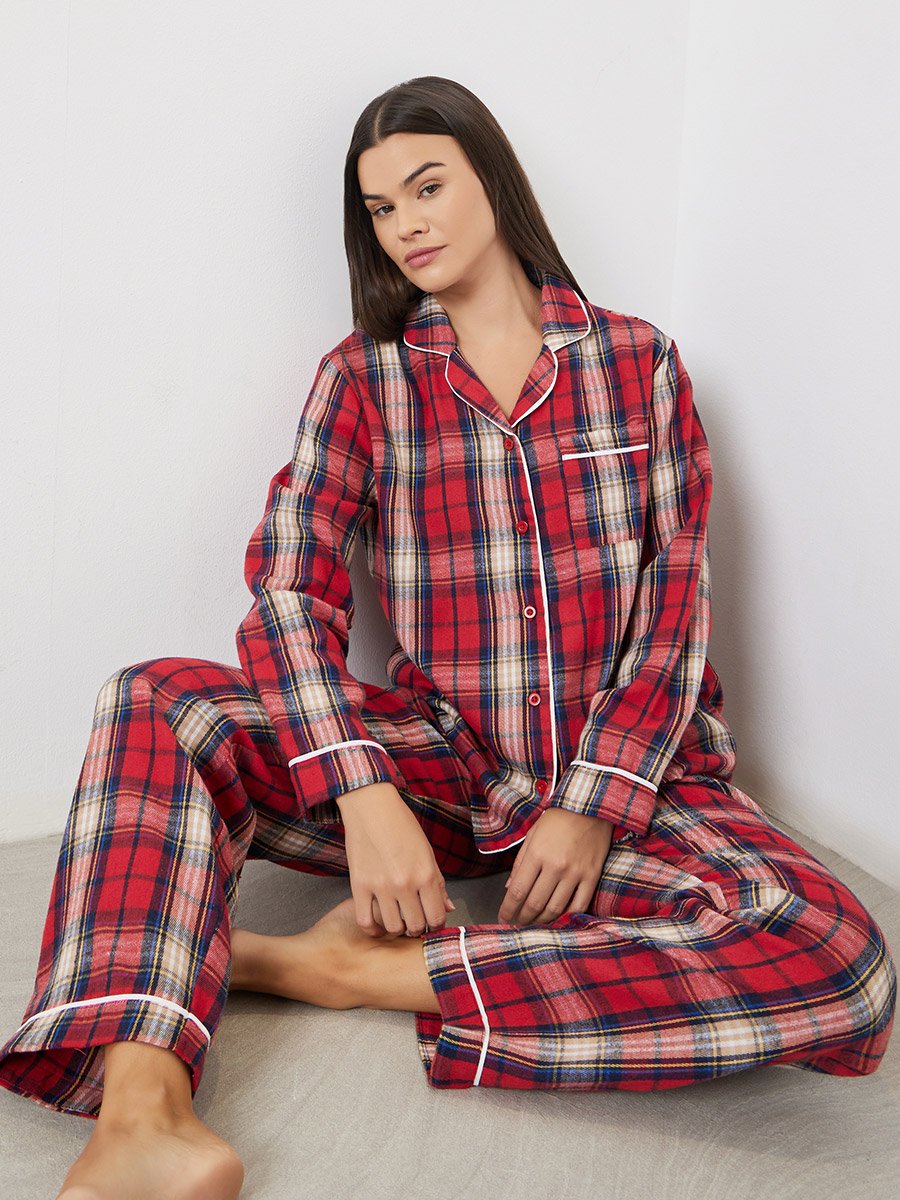 Women Check Pocket Piped Shirt and Pyjama Set