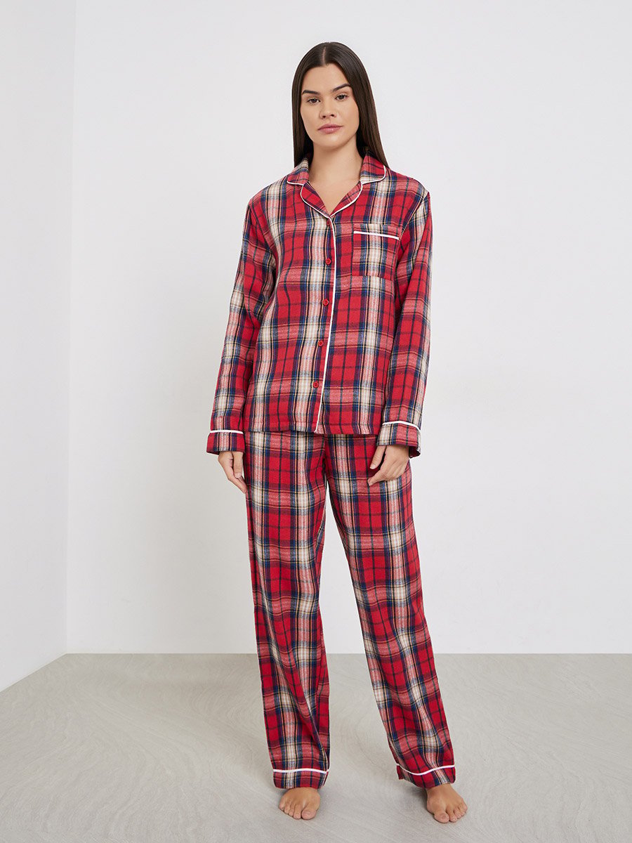 Women Check Pocket Piped Shirt and Pyjama Set