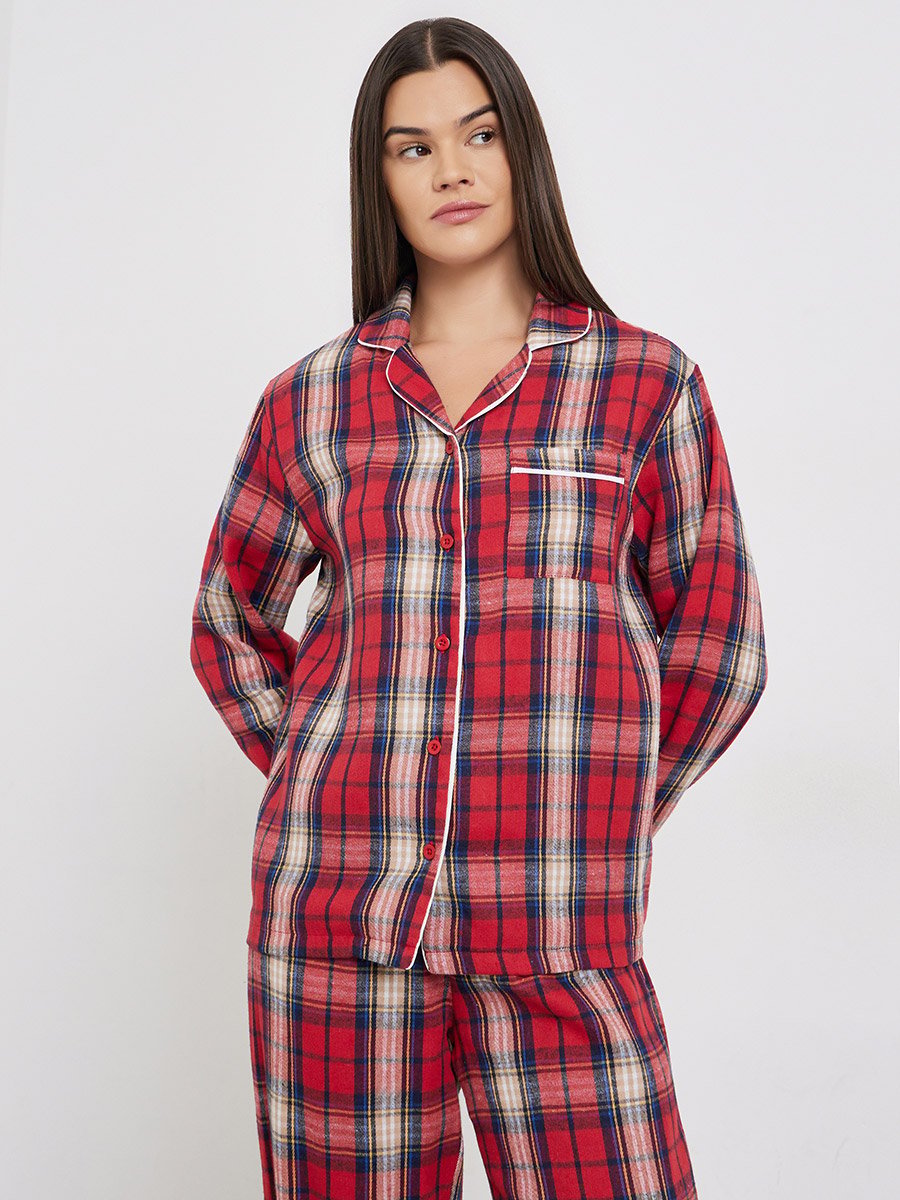Women Check Pocket Piped Shirt and Pyjama Set