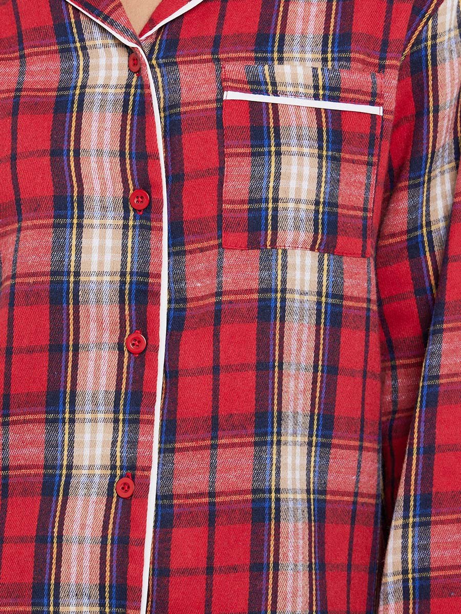 Women Check Pocket Piped Shirt and Pyjama Set