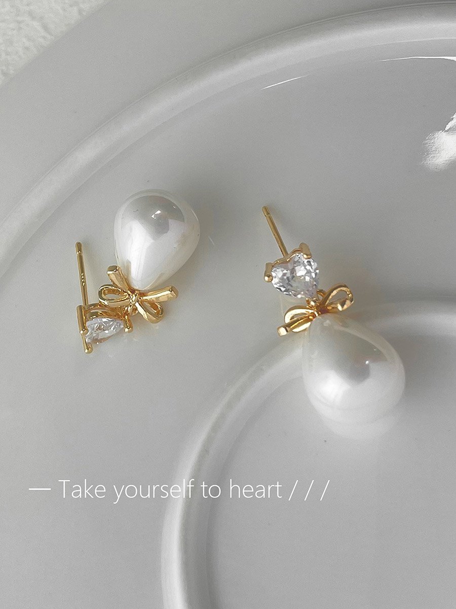 Gold Faux Pearl Bow Drop Earrings