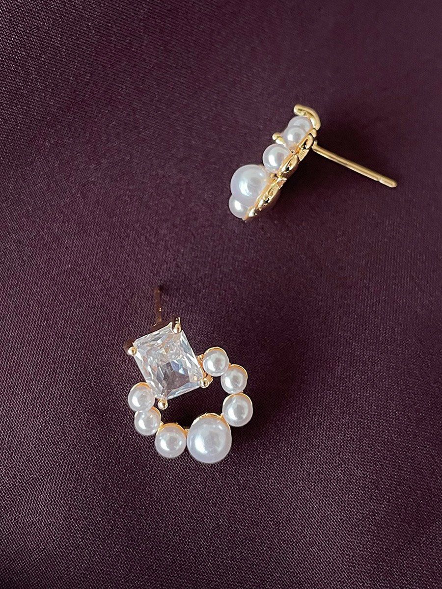 Gold Faux Pearl Square Stud Earrings