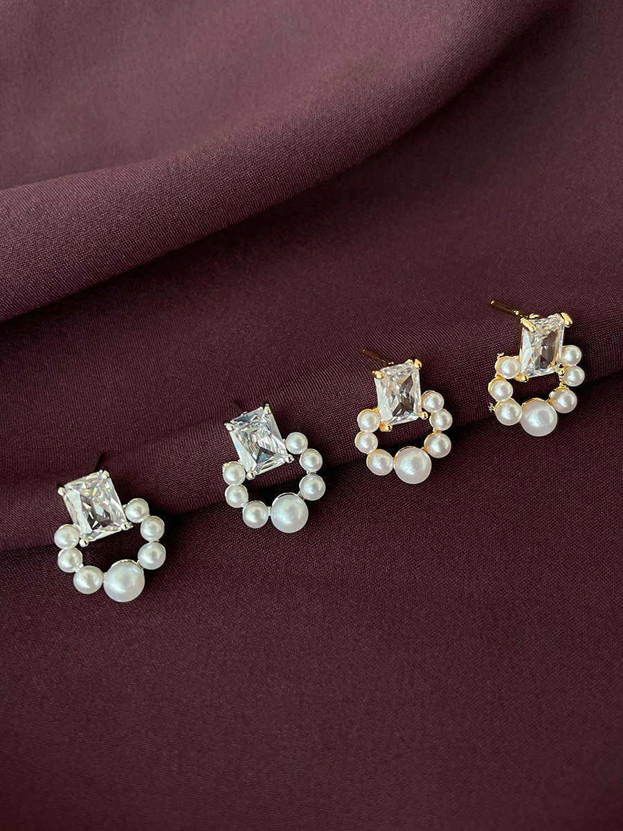Gold Faux Pearl Square Stud Earrings