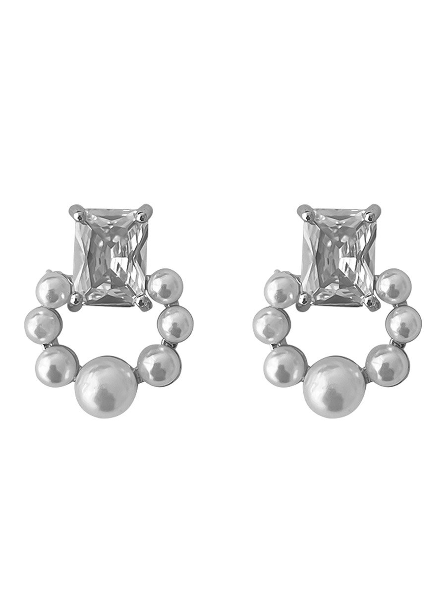 Gold Faux Pearl Square Stud Earrings