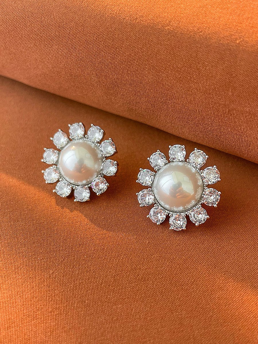 Silver Floral Decor Embellished Earrings with Faux Pearl