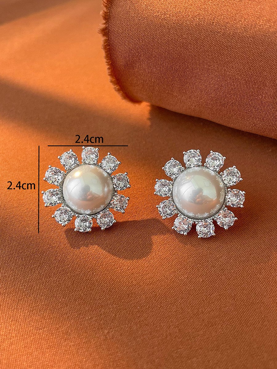 Silver Floral Decor Embellished Earrings with Faux Pearl
