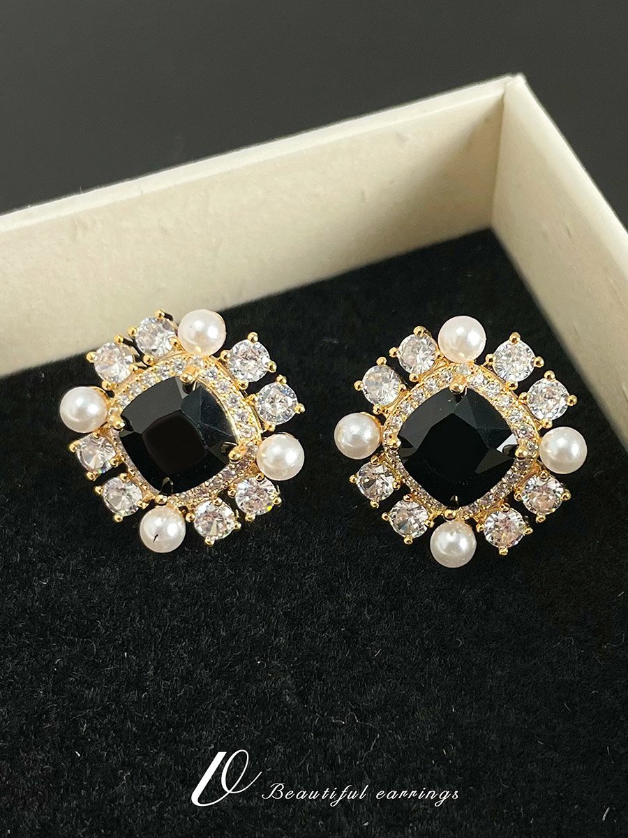 Square Shape Embellished Earrings with Faux Pearl