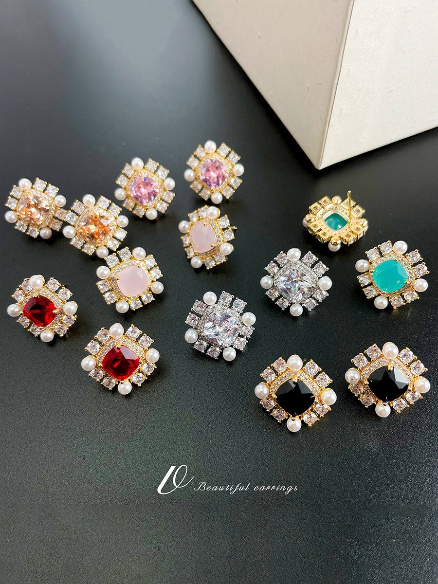 Square Shape Embellished Earrings with Faux Pearl