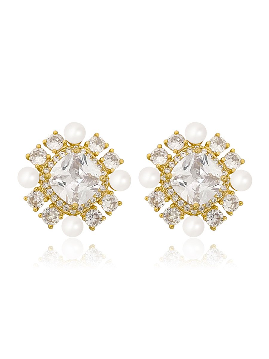 Square Shape Embellished Earrings with Faux Pearl