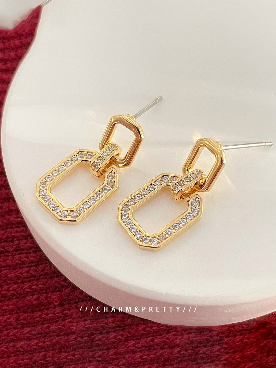 Gold Square Hollow Embellished Earrings