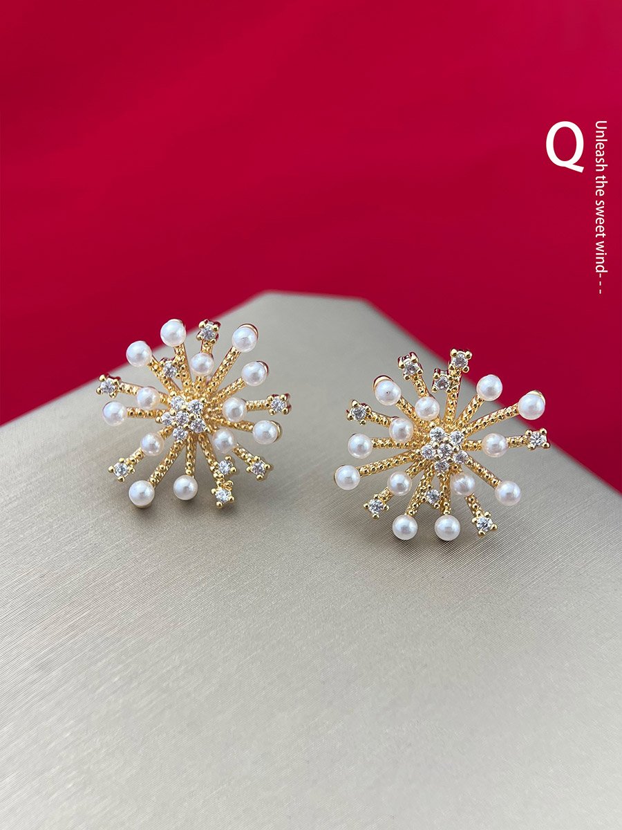 Gold Firework Shape Earrings with Faux Pearl