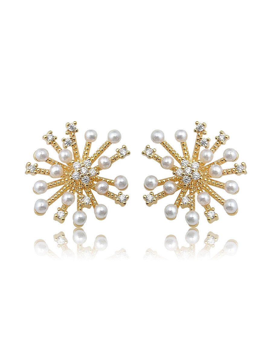 Gold Firework Shape Earrings with Faux Pearl