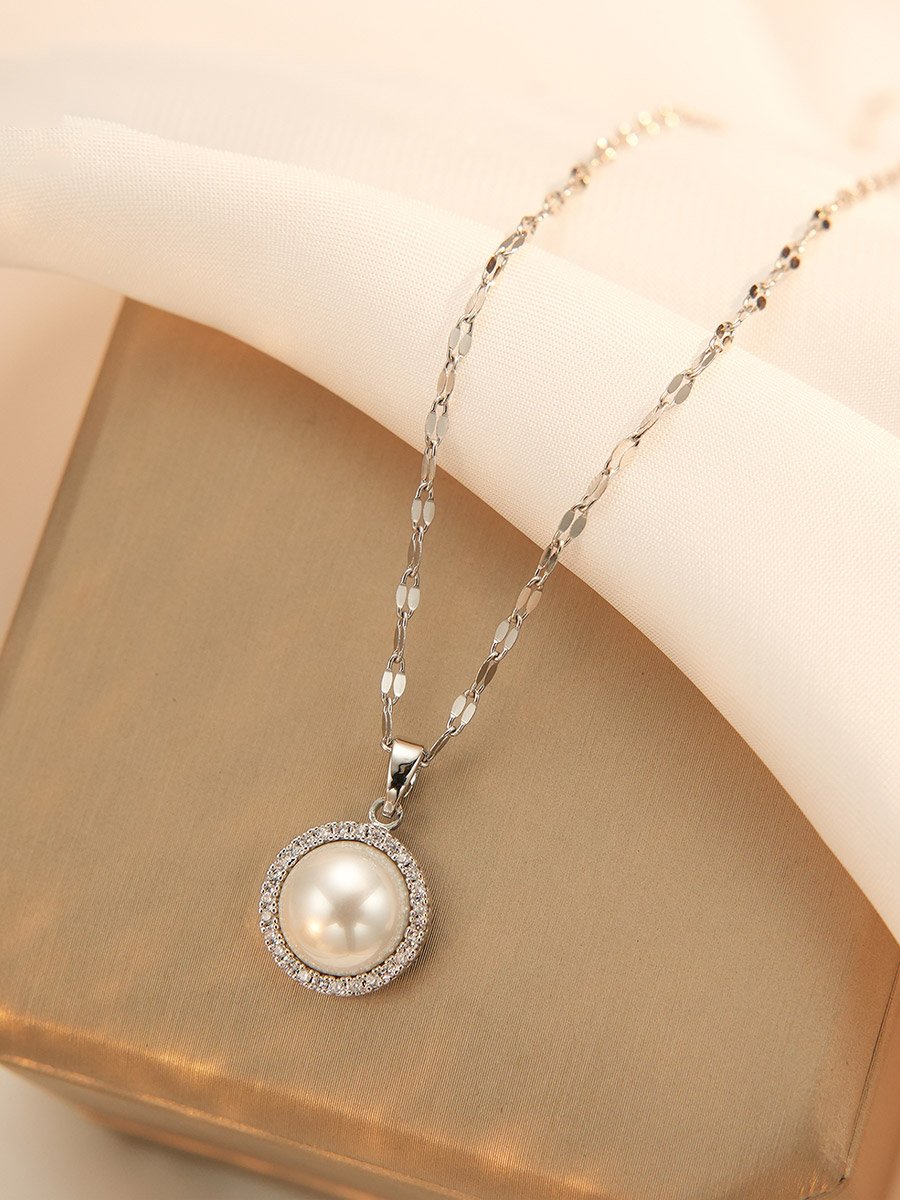 Silver Faux Pearl Embellished Drop Necklace