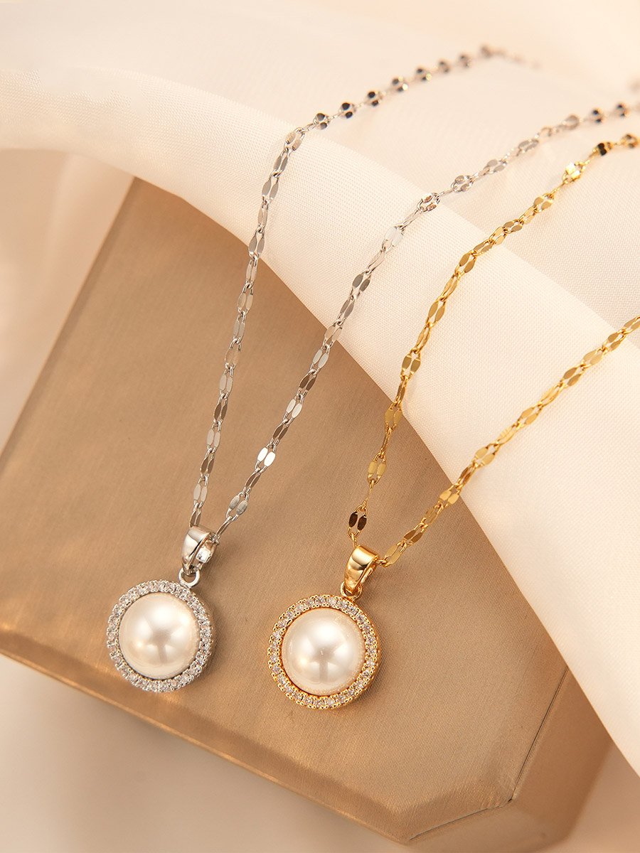 Silver Faux Pearl Embellished Drop Necklace