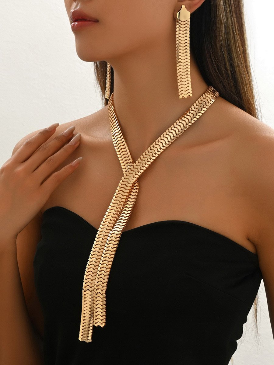 Gold Tone Tassel Necklace and Earrings Jewelry Set