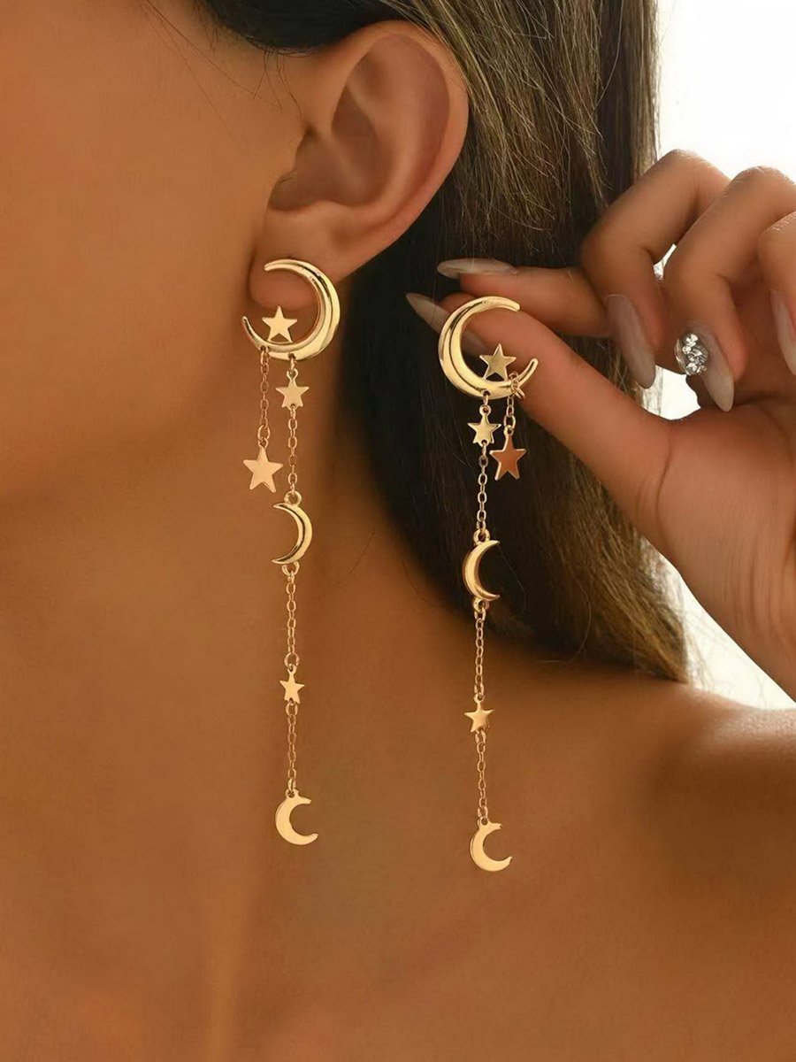 Star Moon Decor Metal String Dangle Earrings