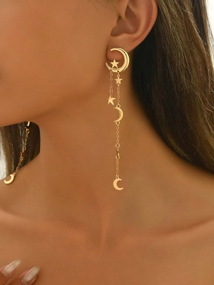 Star Moon Decor Metal String Dangle Earrings