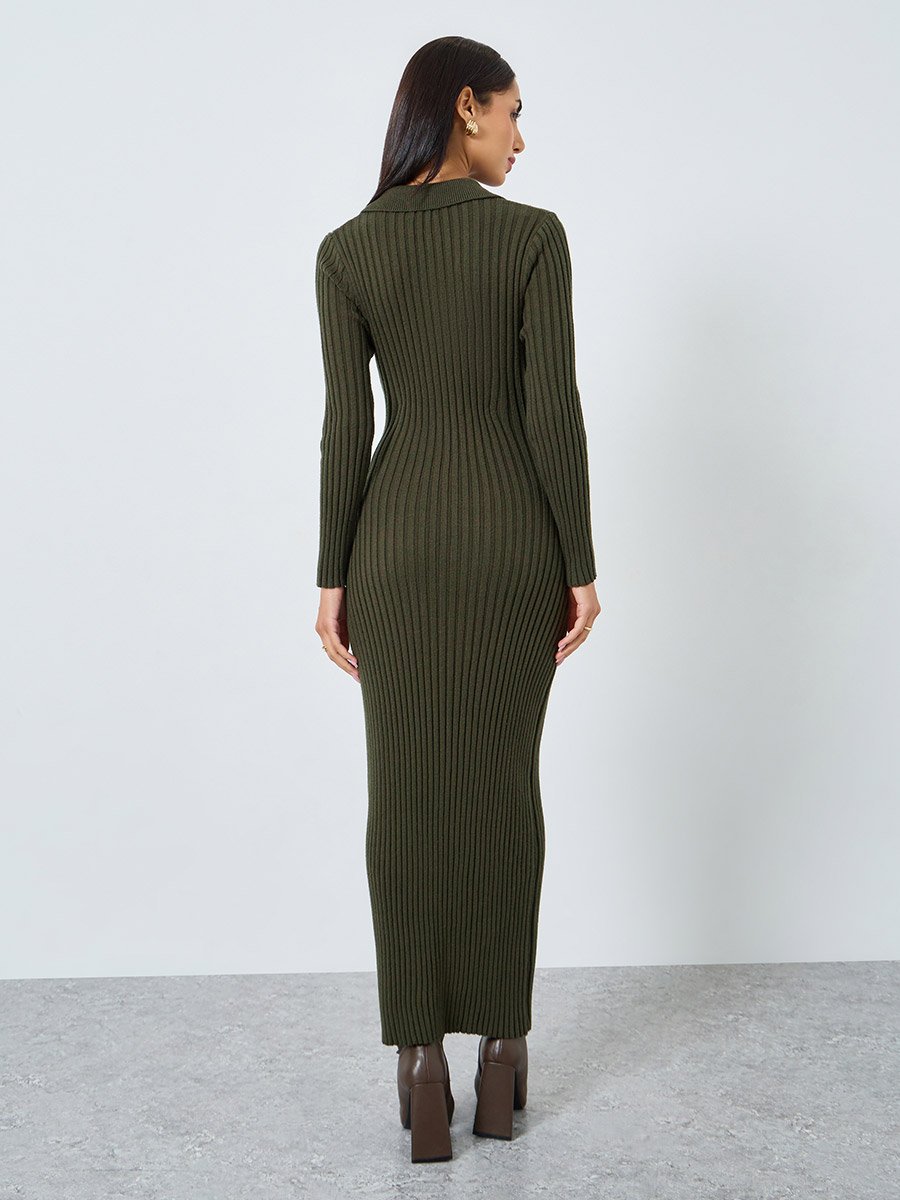 Olive Green Ribbed Knit Maxi Dress For Women at Kuwait | Styli