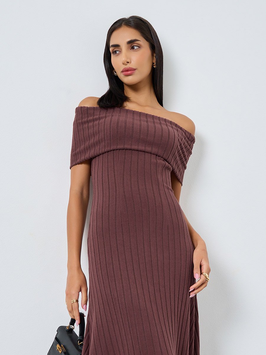 Brown Bardot Neck Ribbed Maxi Dress