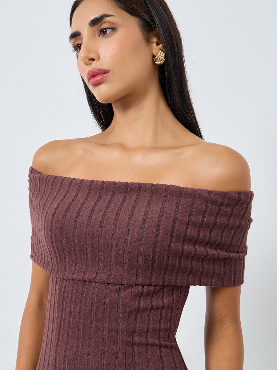 Brown Bardot Neck Ribbed Maxi Dress