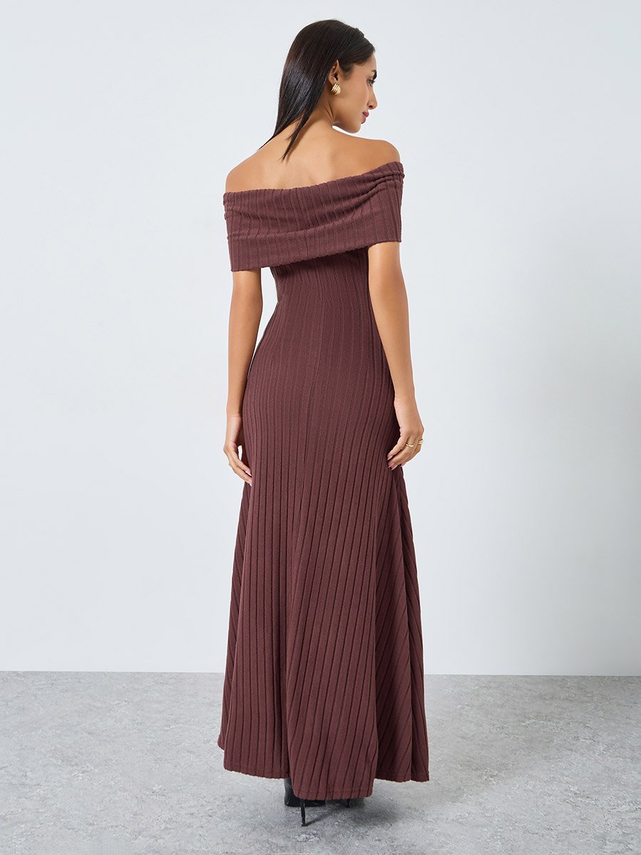 Brown Bardot Neck Ribbed Maxi Dress For Women at UAE | Styli