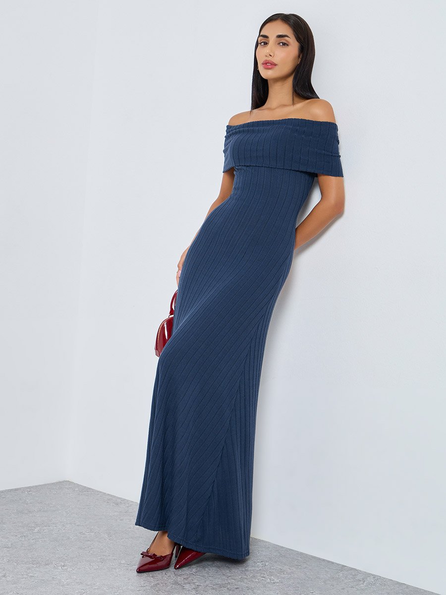 Navy Blue Bardot Neck Ribbed Maxi Dress For Women at UAE | Styli