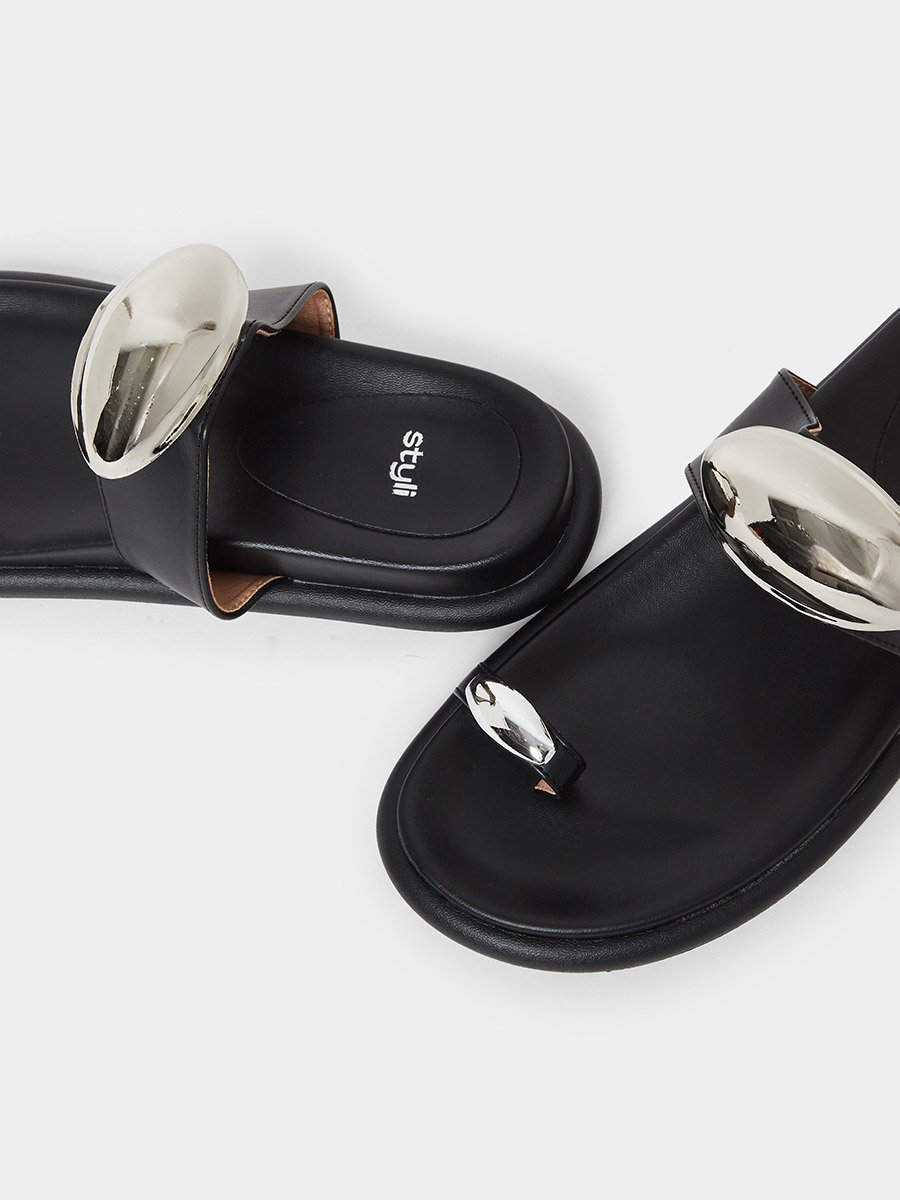 Metal Accent Toe-Loop Flat Sandals