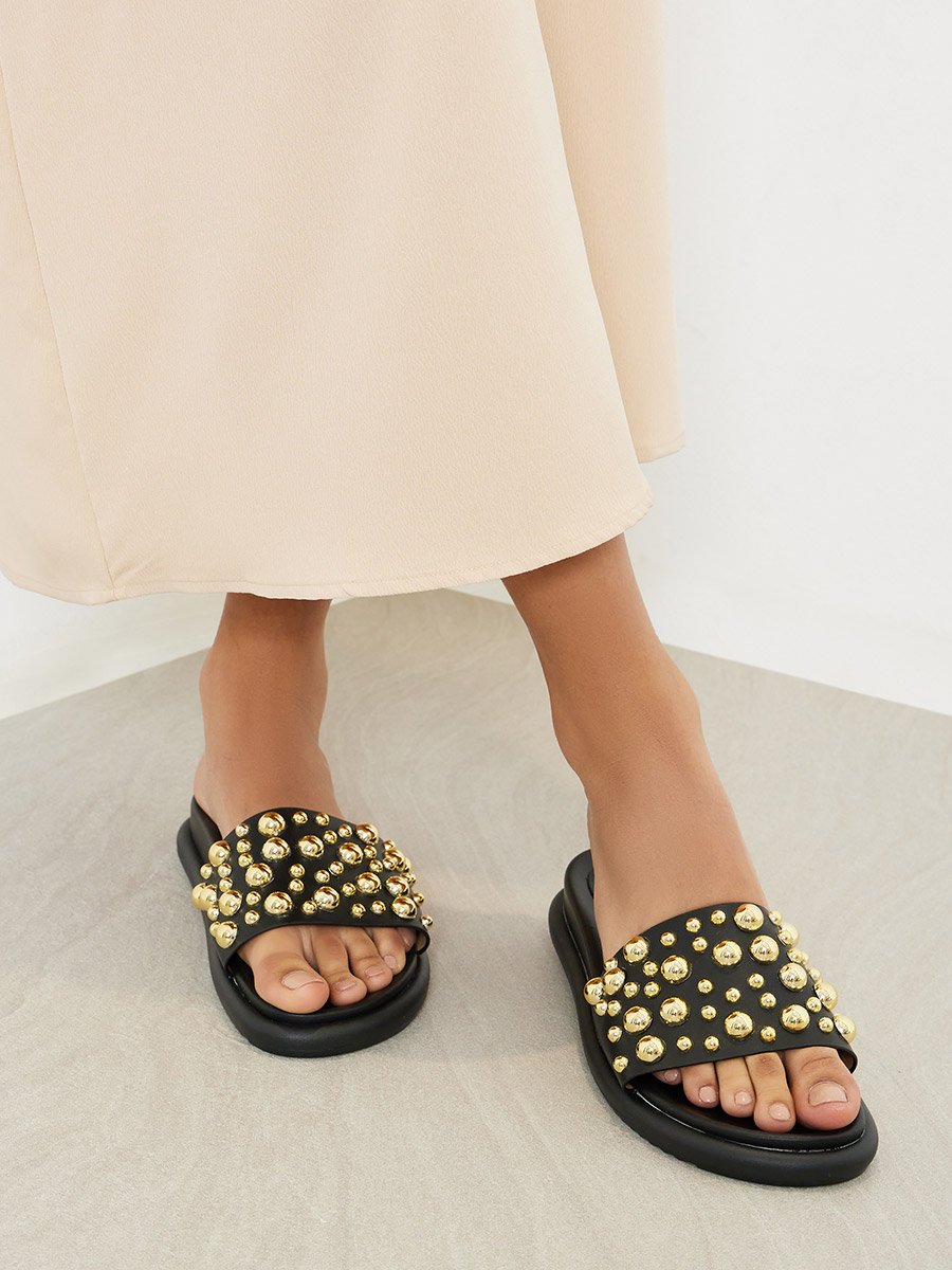 Black Studded Slides