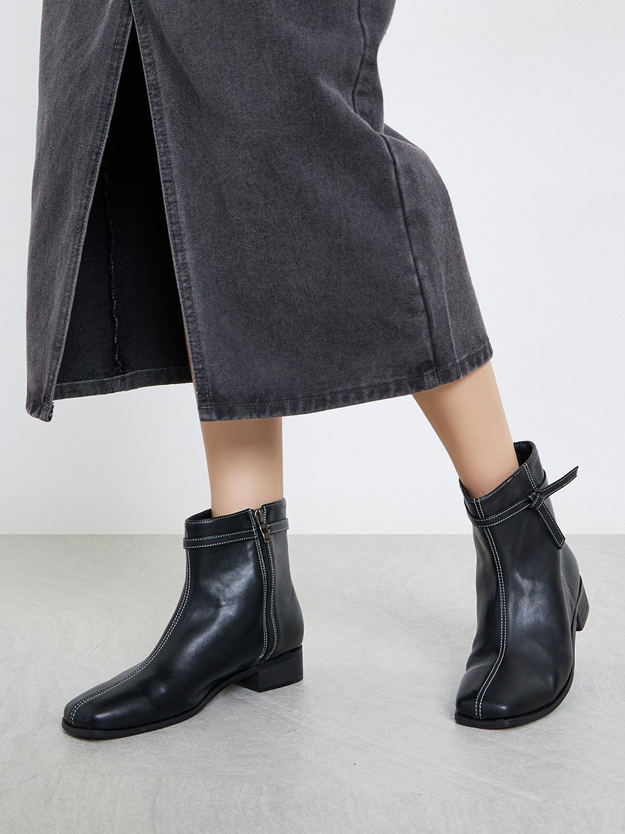 Black Square Toe Ankle Boots with Knot Detail