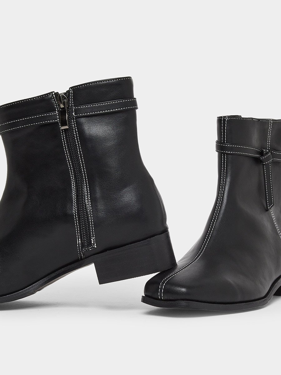 Black Square Toe Ankle Boots with Knot Detail