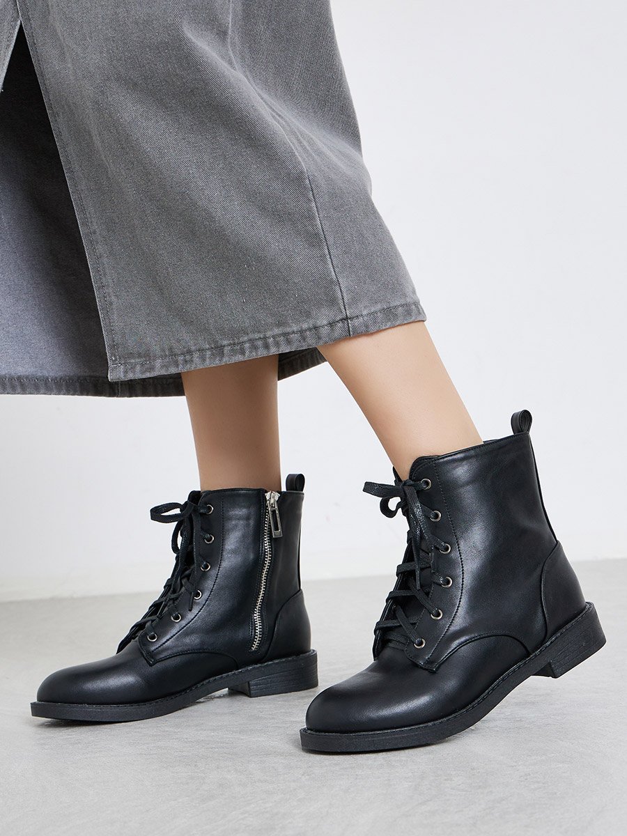Black Lace Up Ankle Boots with Half-Zip