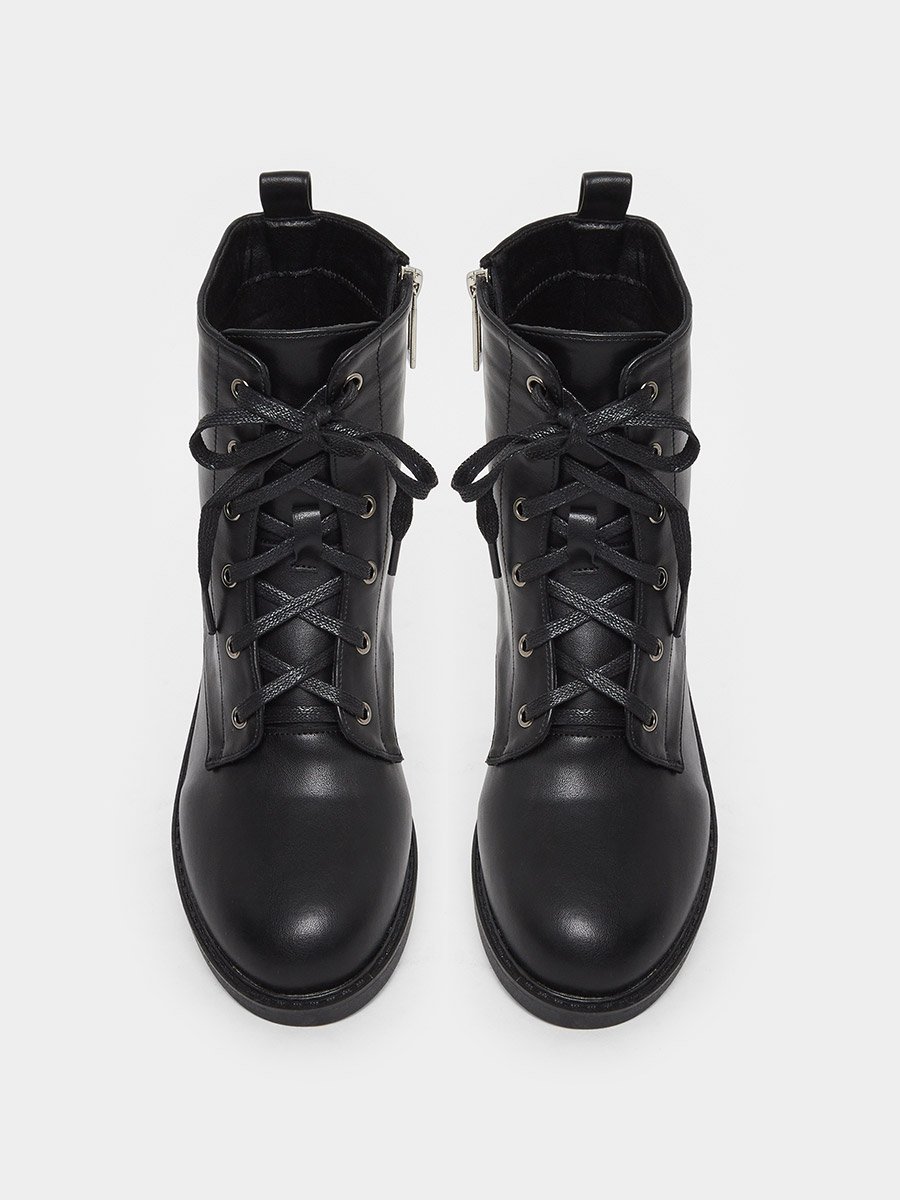 Black Lace Up Ankle Boots with Half-Zip