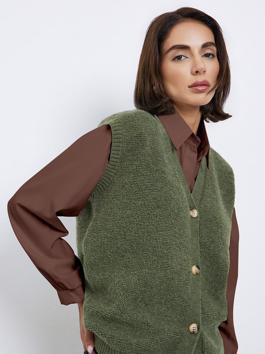 Olive Fleece Knit Sleeveless Vest