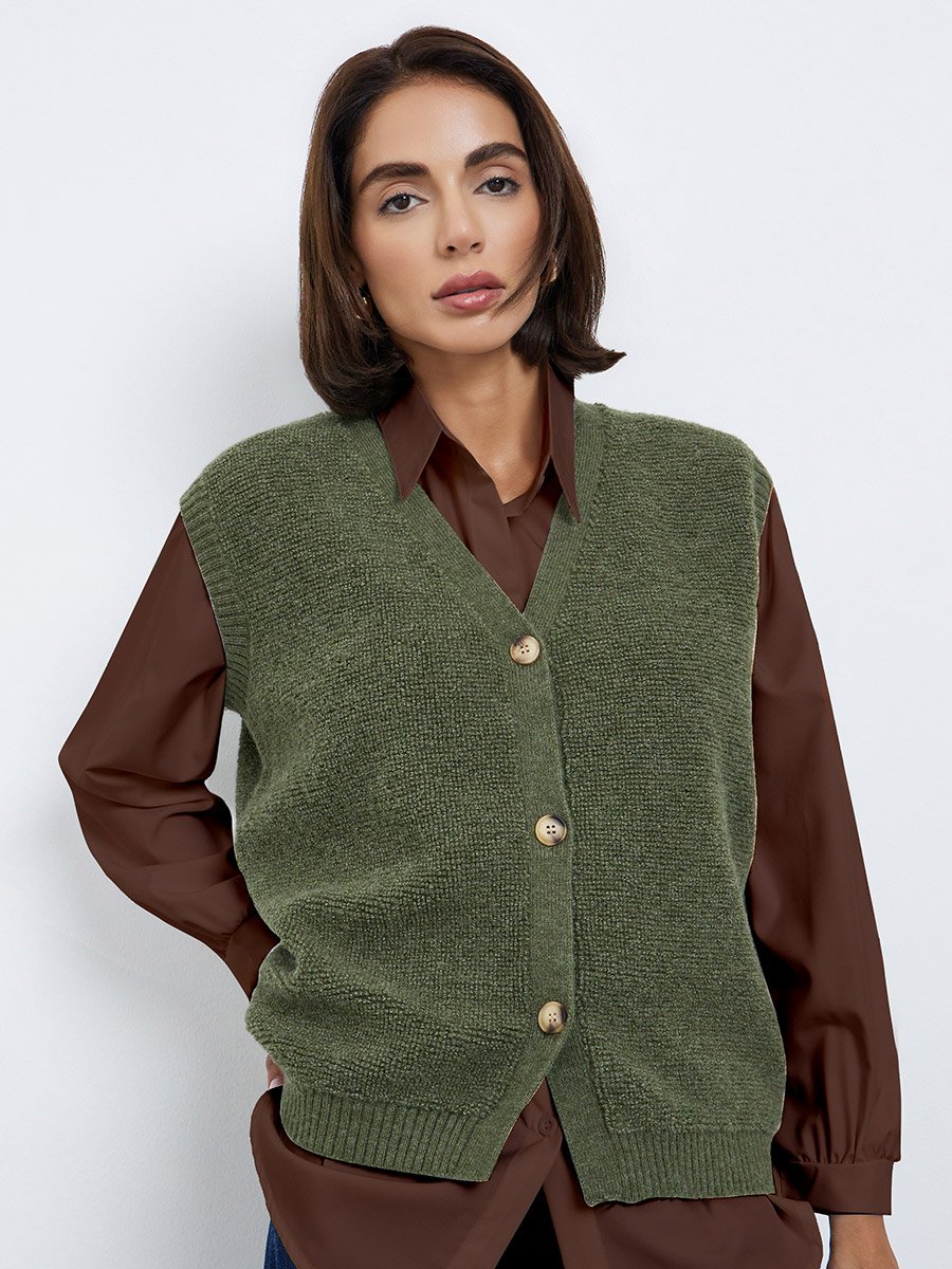 Olive Fleece Knit Sleeveless Vest