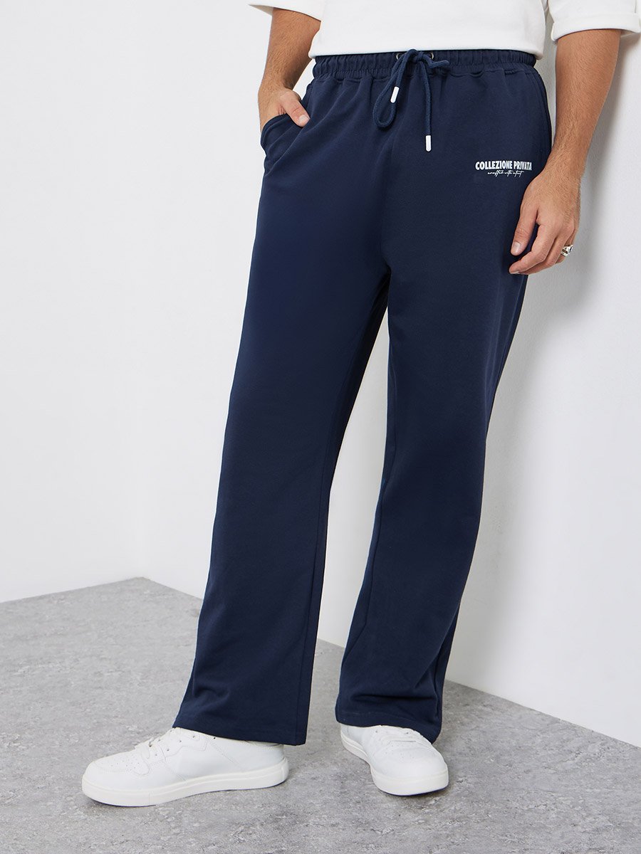 Men Navy Blue Slogan Oversized Joggers