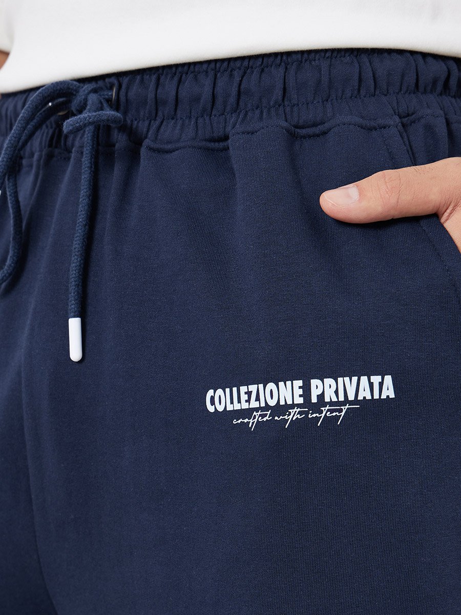 Men Navy Blue Slogan Oversized Joggers