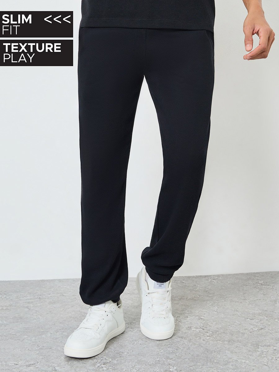 Men Black Waffle Knit Slim Fit Joggers