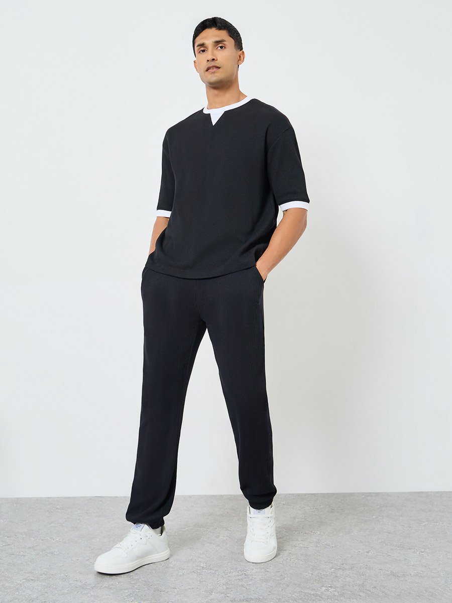 Men Black Waffle Knit Slim Fit Joggers