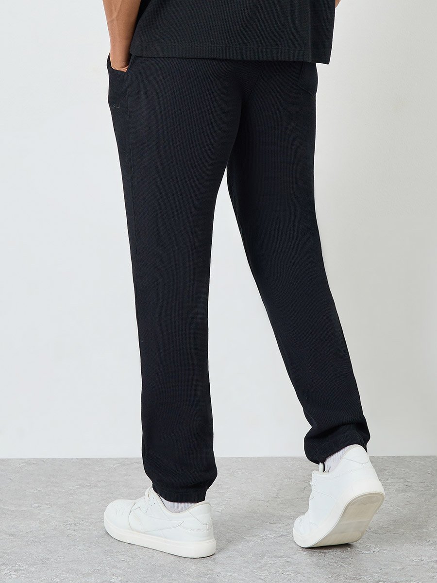Men Black Waffle Knit Slim Fit Joggers