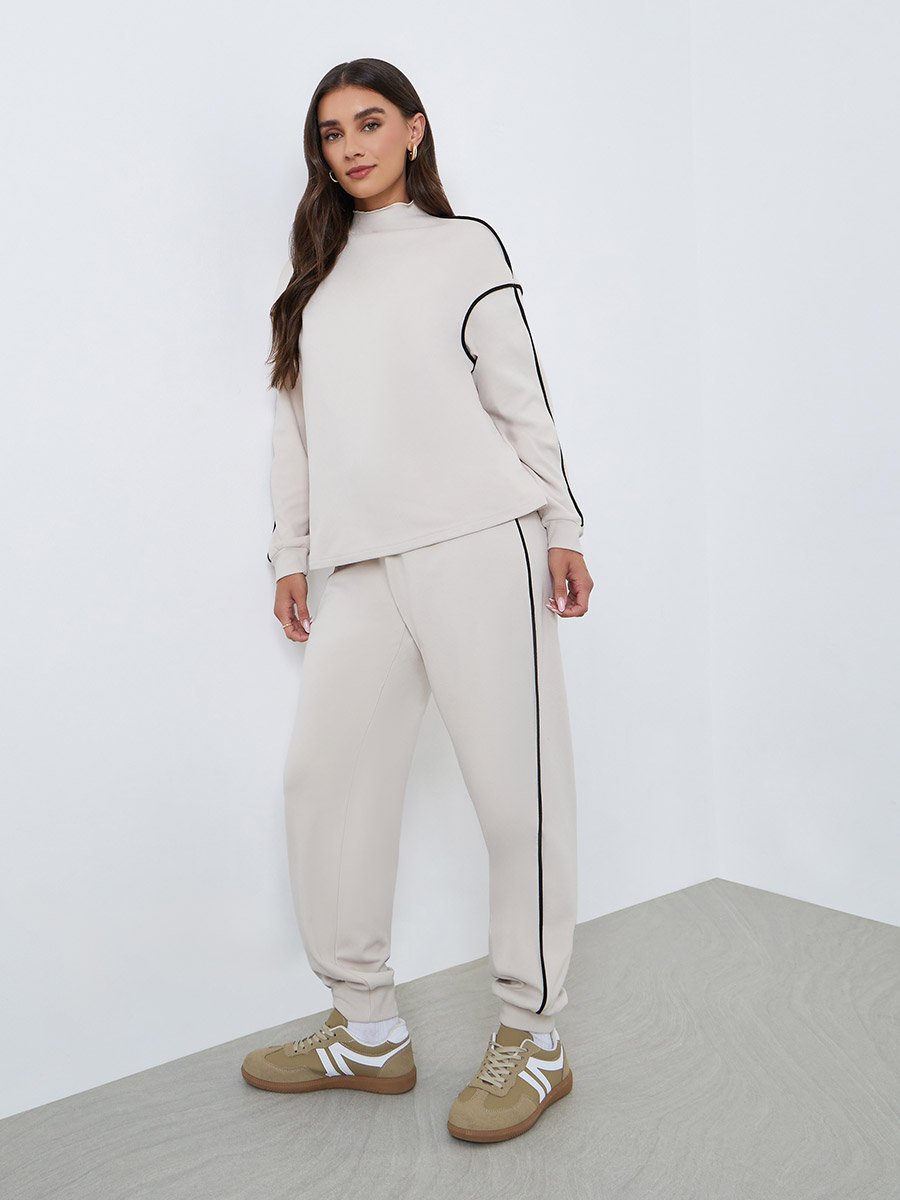 Beige Oversized Piped Detail Sweatshirt 