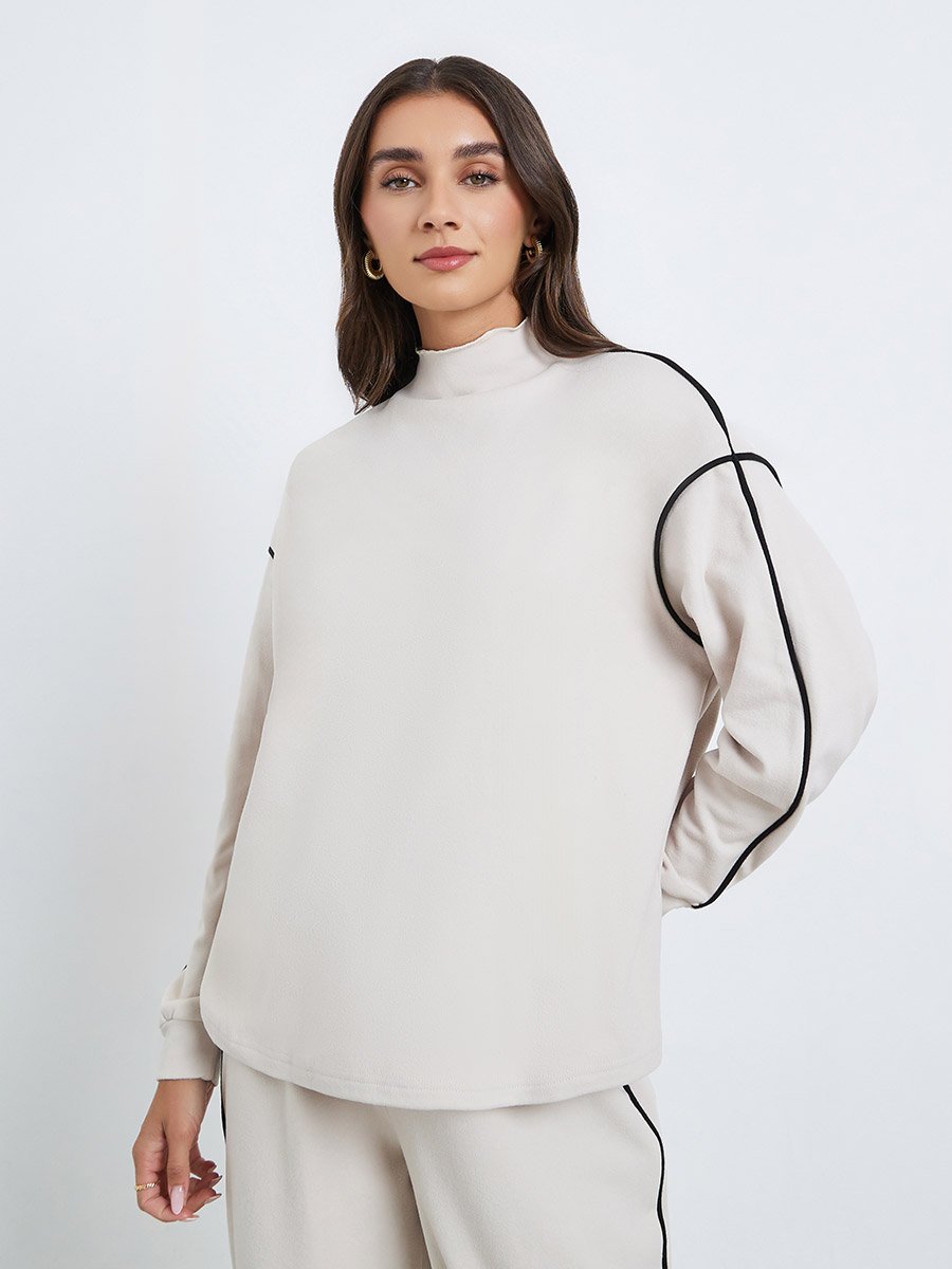 Beige Oversized Piped Detail Sweatshirt 