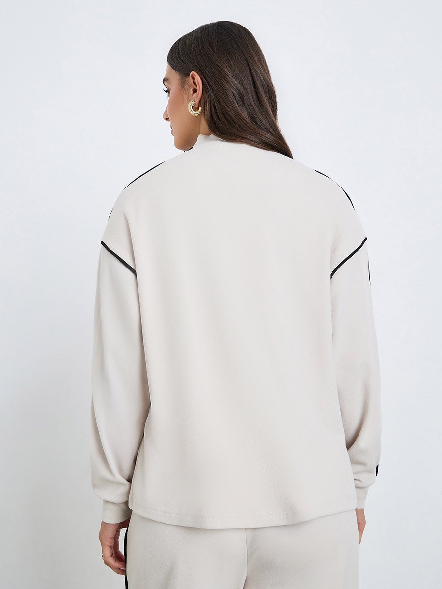 Beige Oversized Piped Detail Sweatshirt 