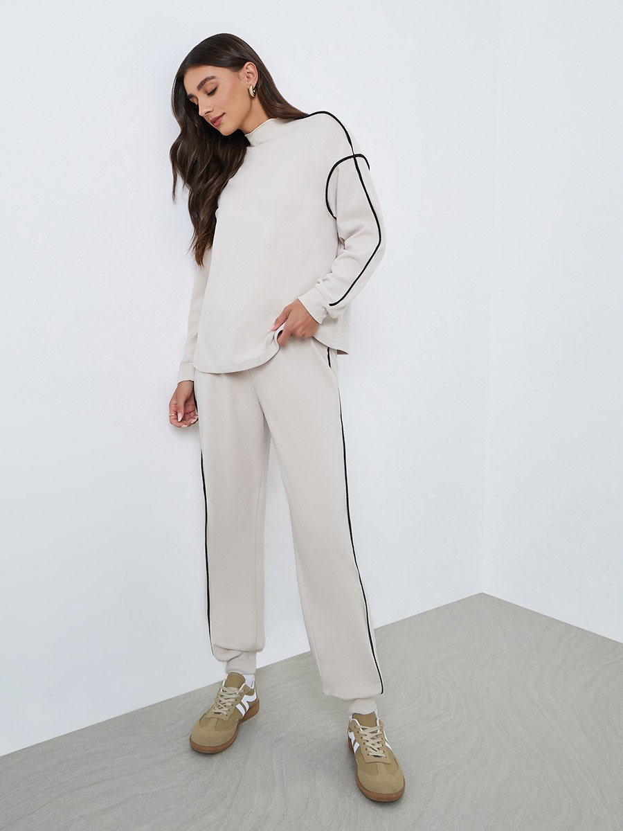 Women Cream Side Stripe Joggers