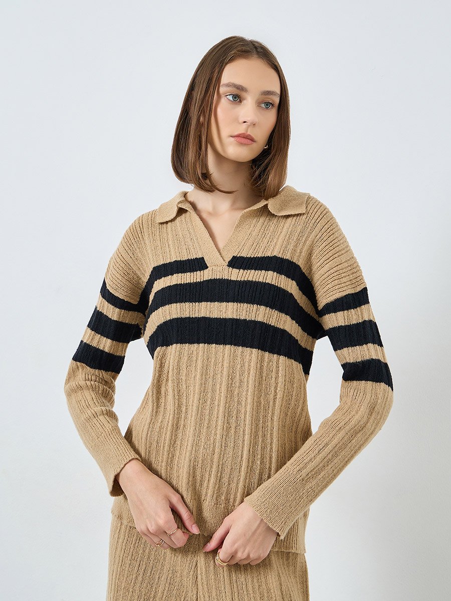 Women Beige Striped Polo Neck Knit Top 