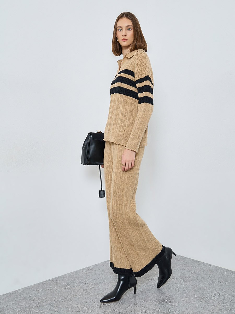 Women Beige Striped Polo Neck Knit Top 