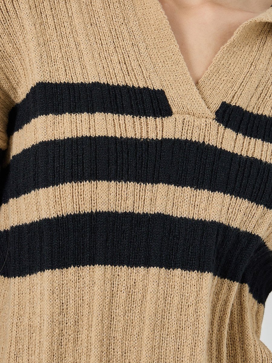 Women Beige Striped Polo Neck Knit Top 